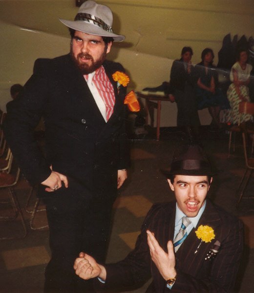 Tom Russell (Nicely-Nicely Johnson) kneeling on the right and Andrew Macdougall (Benny Southstreet) standing on the left. Guys and Dolls, King's Theatre, 1985.